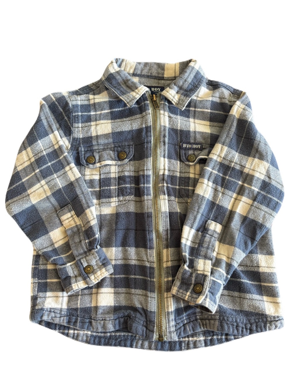 Vintage BYO Boy Blue & Cream Plaid Flannel Zip-Front Kids Jacket